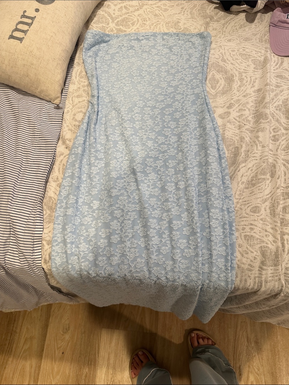 Strapless Light Blue Lace Maxi Dress